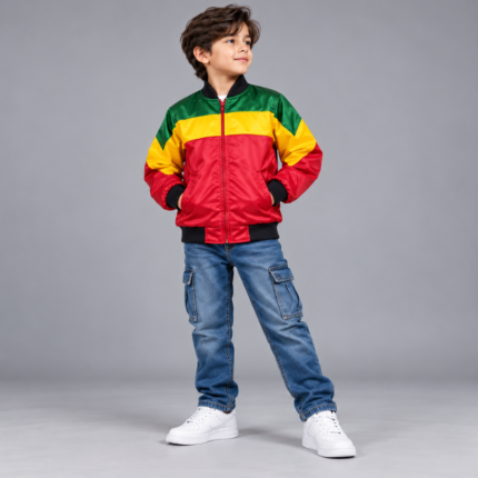 Boy wearing a colorful Bob Marley Kids Jacket with green yellow and red satin panels.