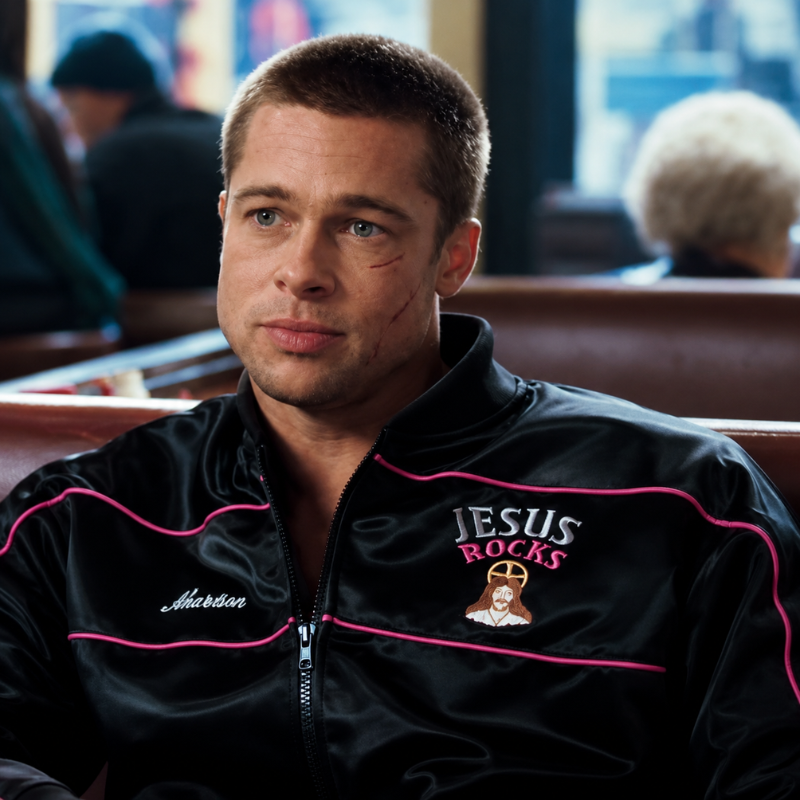Brad-pitt-jesus-rocks-black-satin-jacket Man wearing a black satin jacket with pink piping and Jesus Rocks chest embroidery.