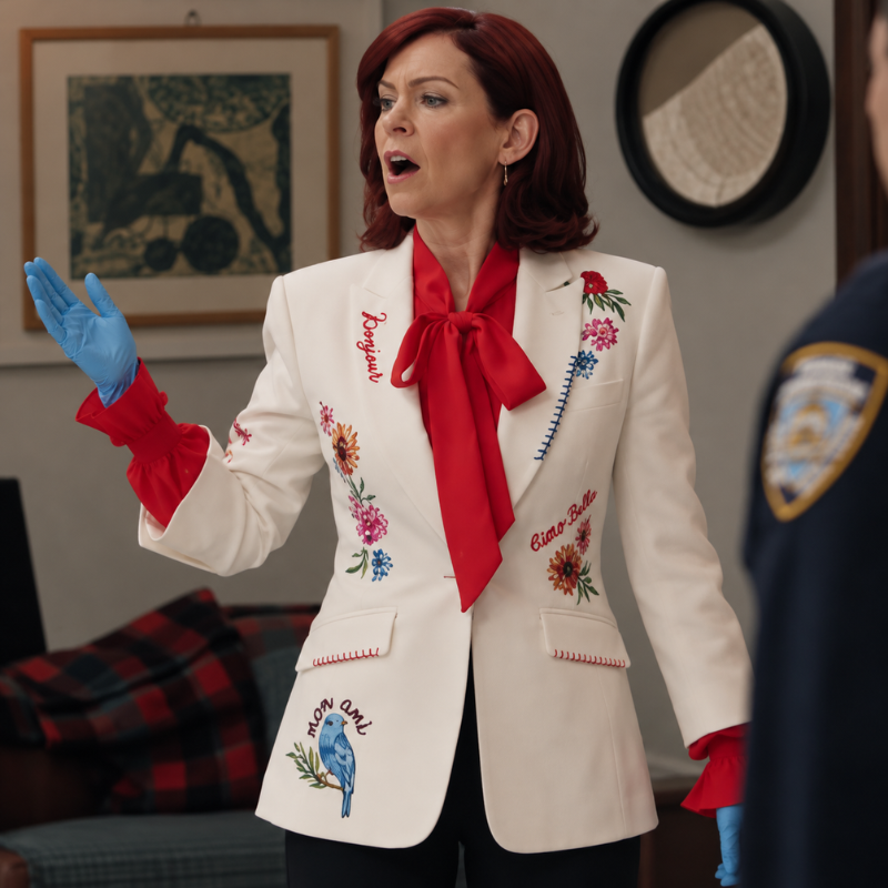 Carrie-preston-elsbeth-crazy-in-love-season-4-embroidered-blazer Actress portraying Elsbeth wearing an ivory embroidered blazer with colorful floral designs, red ruffle cuffs, and a red neck bow.
