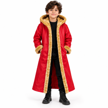 Kids wearing a red Santa Claus coat with gold faux fur trim, attached hood, and long sleeves.