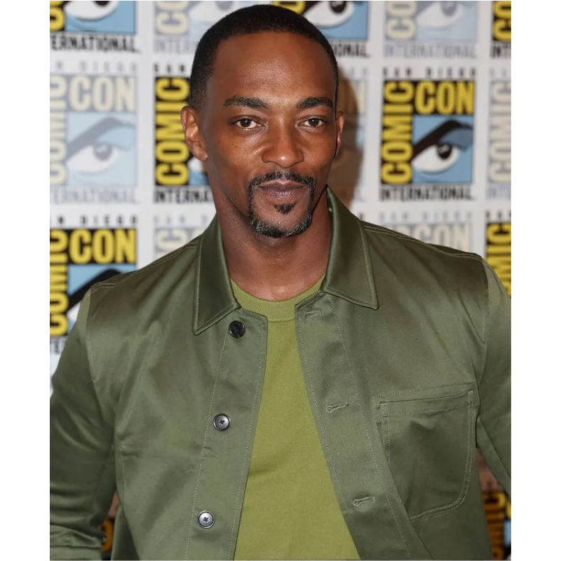 Comic-Con-International-2026-Anthony-Mackie-Green-Satin-Jacket-Closeup Comic-Con 2026 Anthony Mackie Jacket - Image 1