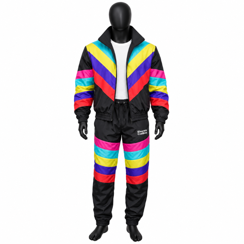 Electric-callboy-tracksuit Electric Callboy color block tracksuit with black fabric, multicolor chevron panels, zip-up jacket, and matching jogger pants.