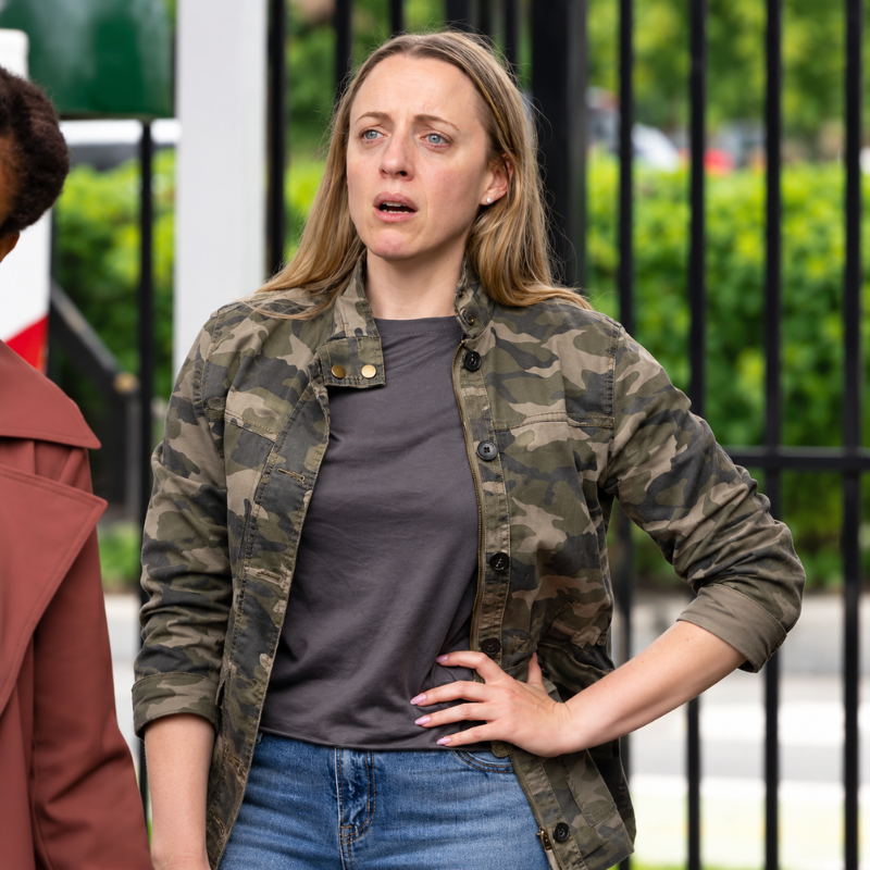 Helene-brooks-law-and-order-svu-season-28-jacket Helene Brooks Law & Order: SVU Season 28 inspired women's camouflage jacket styled with a grey shirt and blue jeans.