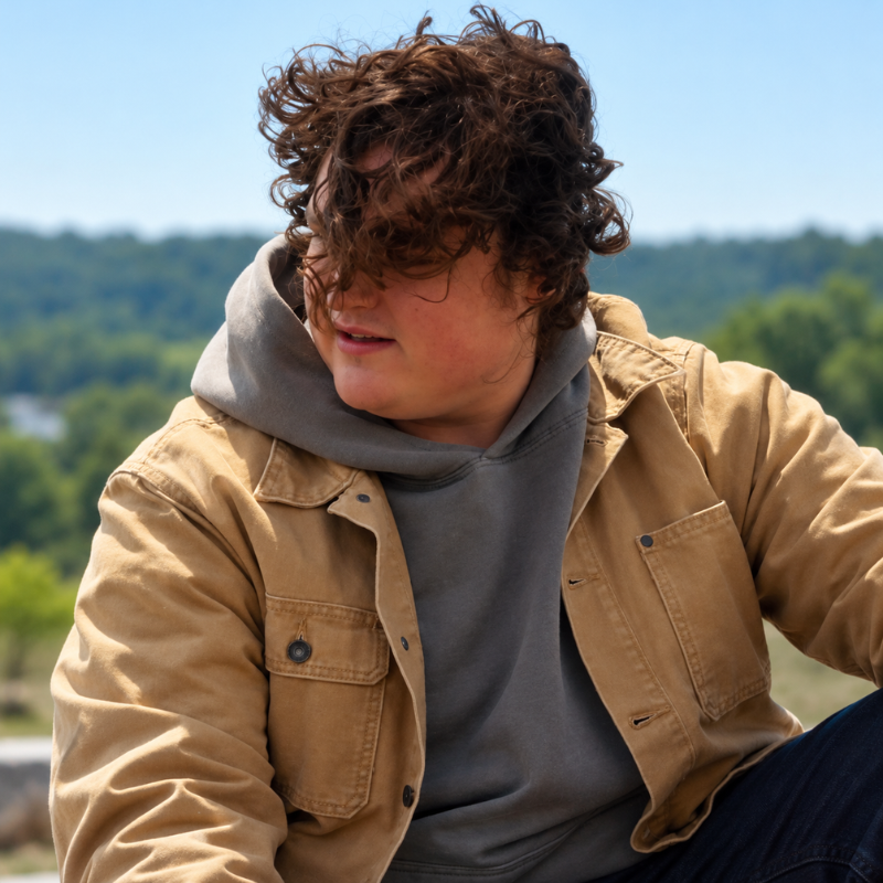 Hudson-and-rex-season-9-trucker-jacket Tan trucker jacket worn over a gray hoodie in the Hudson and Rex Season 9 style