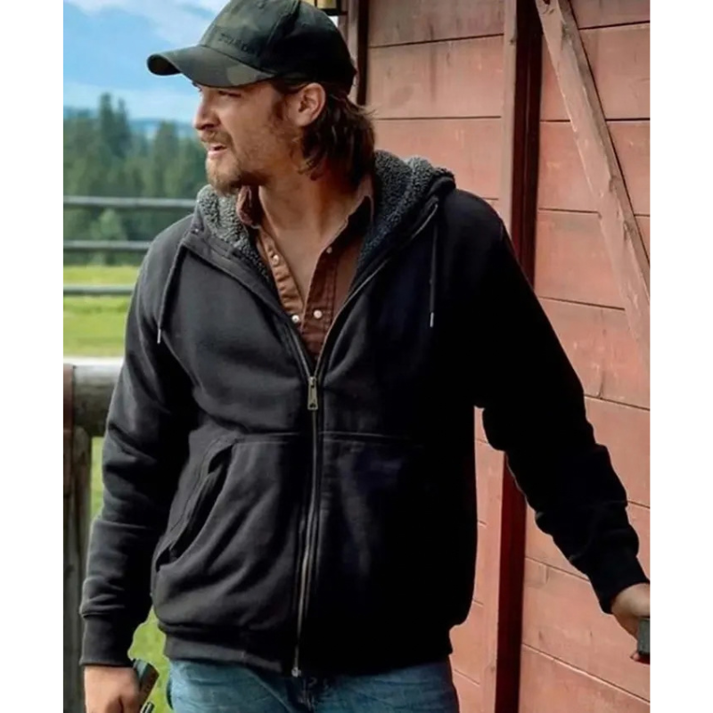 Luke-Grimes-Yellowstone-Dark-Grey-Fleece-Fur-Jacket-left Luke Grimes Yellowstone Dark Grey Fleece Fur Jacket - Image 1
