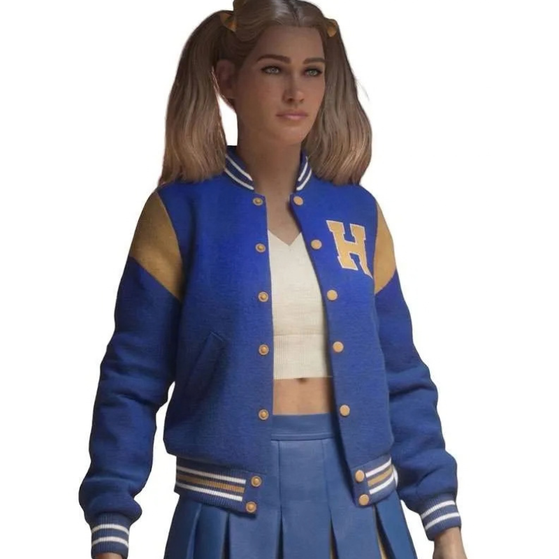 Lynda-van-der-Klok-Halloween-The-Game-2026-Blue-Letterman-Jacket Lynda Van Der Klok Halloween The Game Blue Letterman Jacket - Image 1