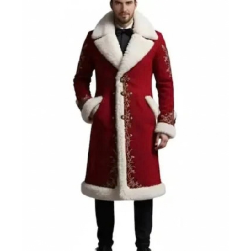 Santa-Red-Wool-Shearling-Embroidered-Coat-Front-350x425 Santa Red Wool Shearling Embroidered Coat - Image 1