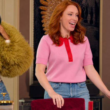 Hannah Fry inspired pink polo top with red ruffled collar