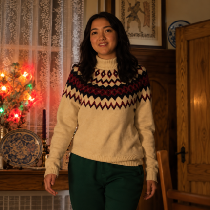 Woman wearing The Love Hypothesis Cozy Fair Isle Sweater