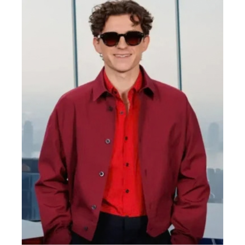 Tom-Holland-Photo-Call-Columbia-Pictures-Burgundy-Button-Down-Jacket-Right-350x425 Photo Call Tom Holland Jacket - Image 1