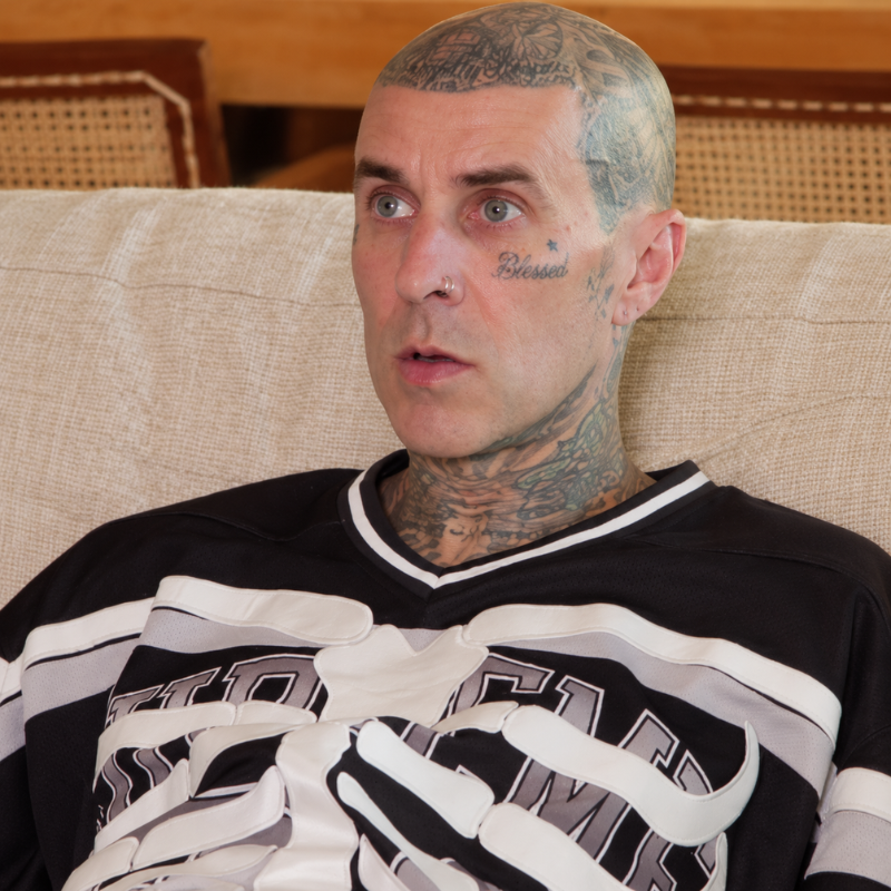 Travis-barker-the-kardashians-season-8-hockey-jursey Travis Barker inspired black skeleton hockey jersey with white ribcage graphics and striped sleeves.