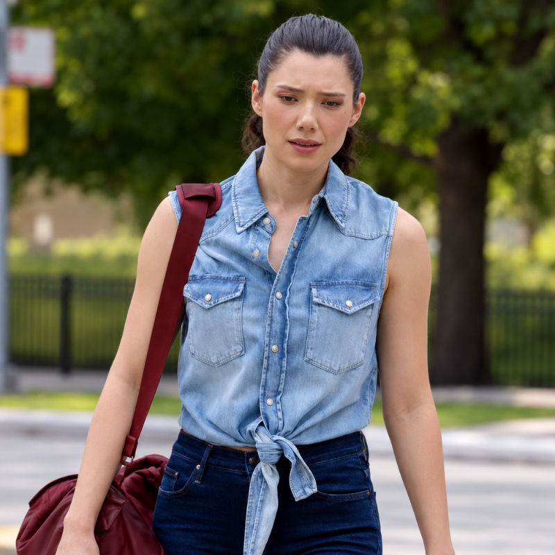 Violet-mikami-chicago-fire-season-15-denim-tie-shirt Violet Mikami inspired light blue sleeveless denim tie shirt with snap buttons and chest pockets, styled with dark jeans.