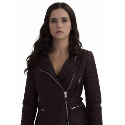 Oxblood real leather biker jacket with lapel collar, front zipper, and multiple pockets.