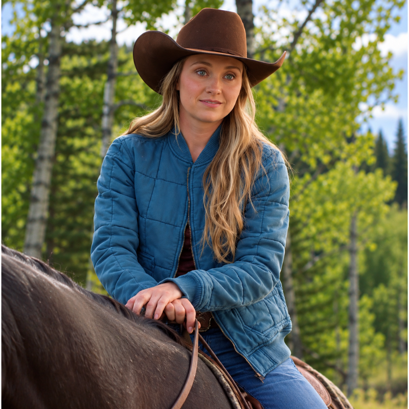 amy-fleming-heartland-season-20-bomber-quilted-jacket Amy Fleming-inspired teal blue quilted bomber jacket styled with a brown cowboy hat in an outdoor ranch setting.