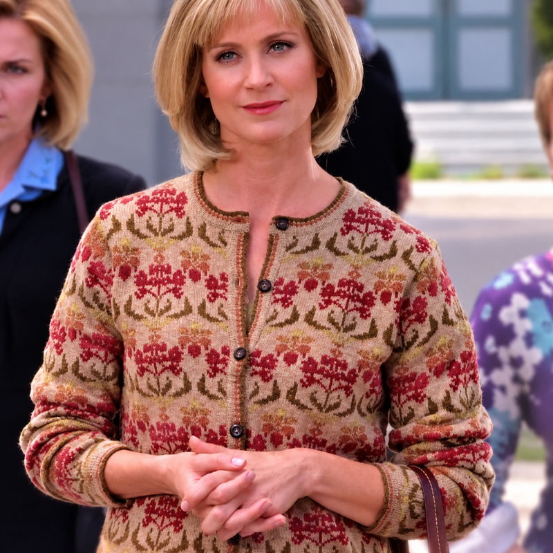 debbie-fincher-gilmore-girls-light-brown-floral-cardigan Debbie Fincher wearing a light brown floral knit cardigan with red, orange, and green motifs and a button-front design