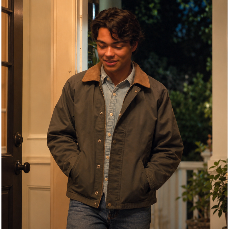 jake-coven-academy-season-1-episode-14-jacket Jake wearing a charcoal-gray workwear jacket with a brown corduroy collar over a light denim shirt.