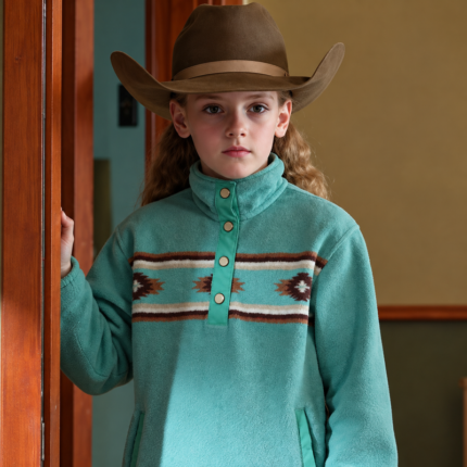 Turquoise Aztec Fleece Pullover Styled with a Western Cowboy Hat