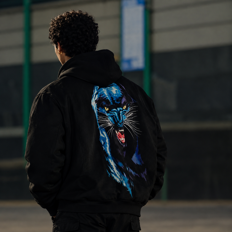 salvo-fusco-minerva-academy-black-panther-hooded-jacket Model wearing Salvo Fusco Minerva Academy black panther hooded jacket