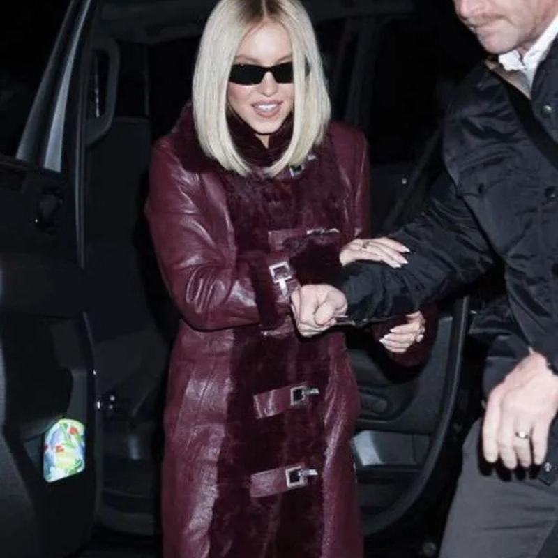 sydney-sweeney-burgundy-vintage-leather-fur-coat Sydney Sweeney Burgundy Vintage Leather Fur Coat - Image 1