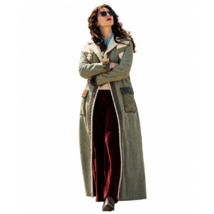 Susie Glass Green Suede Coat full-length outfit with shearling collar and brown details