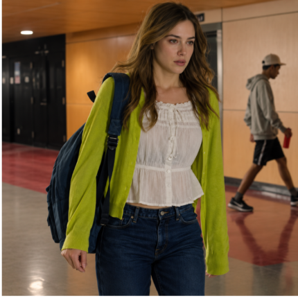 Woman wearing The Love Hypothesis Clara lime green cardigan