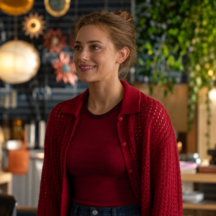 Woman wearing The Love Hypothesis red knitted cardigan
