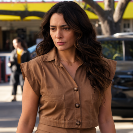 Model wearing Valentina Brothers Season 1 camel brown cropped vest
