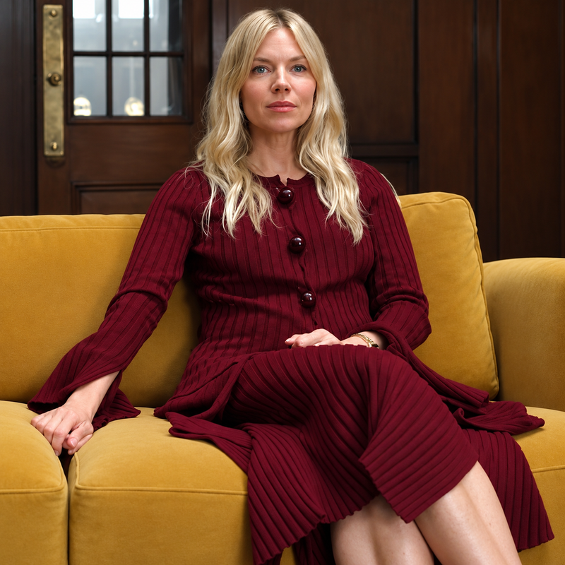 war-s01-sienna-miller-burgundy-rib-knit-cardigan Woman wearing a burgundy ribbed cardigan while sitting on a mustard-yellow sofa