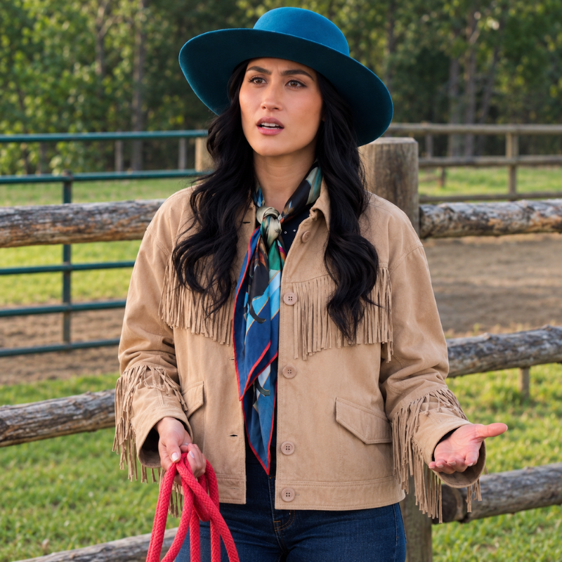 winn-becker-heartland-season-20-leather-jacket Woman wearing a beige Western fringe jacket with blue jeans, a blue wide-brim hat, and a colorful neck scarf outdoors.