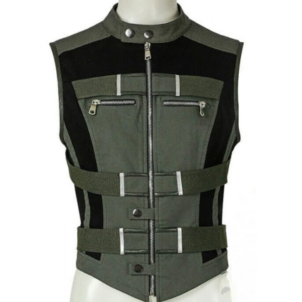 Front view of Black Widow Yelena Belova green cotton vest with black panels, front zipper, and multiple buckle straps.